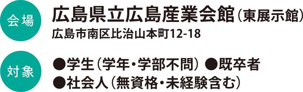 会場：広島県立広島産業会館（東展示館）　対象：学生（学年・学部不問）・既卒者・社会人（無資格・未経験含む）