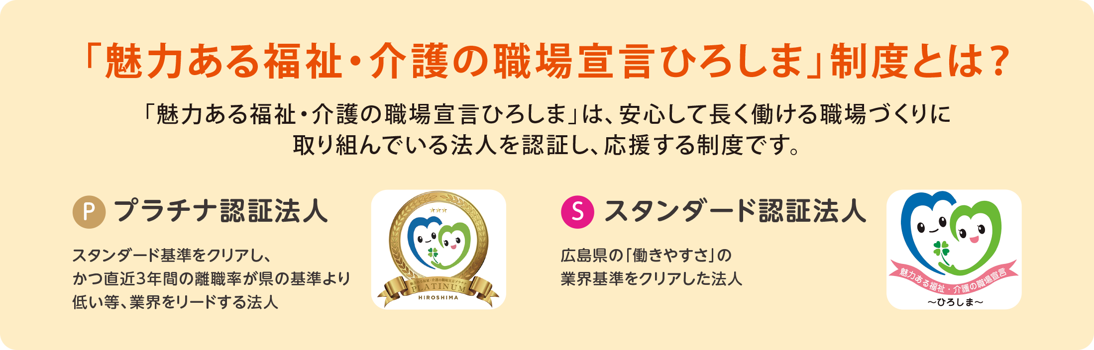 安心して長く働ける職場づくりに取り組む「魅力ある福祉・介護の職場宣言ひろしま」制度の認証を取得している法人が多数出展